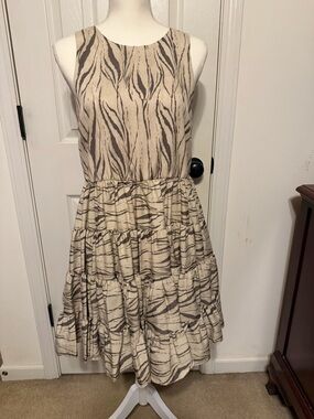 TALULAH Beige and Taupe Zebra-Print Tiered Midi Dress